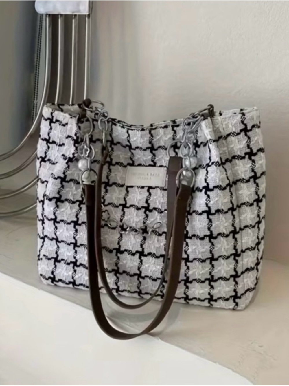 Tweed Chain-Handle Tote Bag in Black & White NWOT